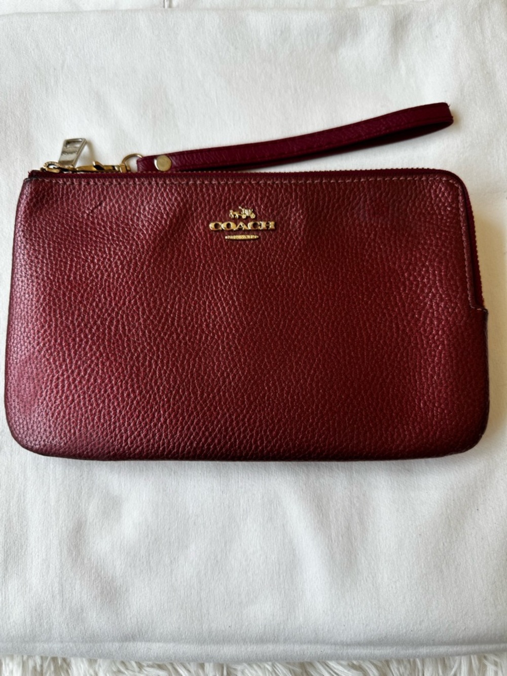 Coach Double Zip Pebbled Leather Wristlet Wallet Burgundy Oxblood Red Clutch